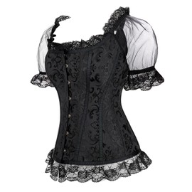 SZIVYSHI Black Corset - Satin Lace Up Overbust Corset - Spiral Steel Bones Corsets with Cap Sleeves - Size S