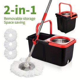 360¬∞ Spin Mop System with 3 Microfiber Replacement Heads & 61-inch Stainless Steel Handle, Multifunctional Vinyl Black Red Mop Bucket for Home Kitchen & Bathroom Cleaning:_Premium Separation Bucket