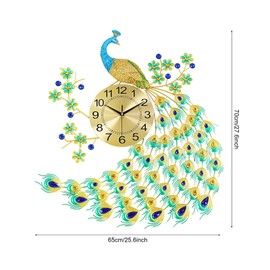 Wall Clocks for Living Room Decor Large Peacock Wall Clock Crystal Decor,3D Metal Creative Luxury Peacock Leaf Design,with Silent Movement Wall Clocks for Home Wall Decor Clock (27.56*25.59")