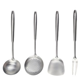 Kakamono Wok Utensils Tools for Carbon Steel, Stainless Steel Wok Spatula Set,Wok Spatula and Skimmer, Soup Ladle,Meat Fork,4-PiecesCooking Tools & Serving Utensil 15inch