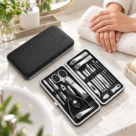 19-Piece Nail Clipper Set with Leather Case – Stainless Steel Manicure & Pedicure Grooming Tools