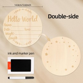 Wooden Baby Announcement Sign,Round Wooden Hello World Baby Sign,Newborn Welcome Sign,Comes with Ink pad with Baby Hand and Footprints Newborn Photo Prop Sign, Nursery Baby Name Sign