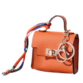 Mini Tote Bag Keychain Coin Purse Twist-Lock with Keyring Pu Leather Key Chain Mini Backpack Keychain Headphone Pouch for Women Girls (Orange)