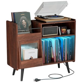 yacchi home Big Record Player Stand, Record Player Table with Power Outlet and LED Light, 350 Vinyl Record Storage Holder, Record Storage Turntable Stand Wood Cabinet for Living Room,Office