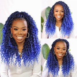 8 Packs Boho Goddess Locs Crochet Hair 14inch Blue Pre Looped River Locs Crochet Hair with Curly Ends Boho Style Synthetic Hair Extensions(14" 8Packs T1B/Blue#)