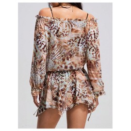 SweatyRocks Women's Leopard Mesh Cover Up Off Shoulder Lantern Long Sleeve Beach Mini Dress, Brown, Large