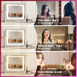 Hasipu Vanity Mirror with Lights, 11.4" x 13.8" LED Makeup Mirror with 10X Magnification, Smart Touch 3 Colors Dimmable, Brightness Adjustment, 360° Rotation, White