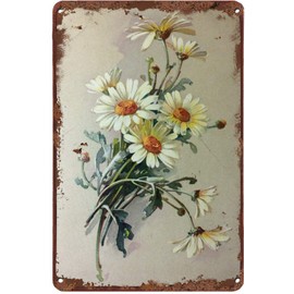 Vintage Tin Sign Flowers White Daisy with Dew Drop Metal Sign Retro Wall Decor for Home Cafes Office Store Pubs Club Sign Gift 12 X 8 INCH Plaque Tin Sign