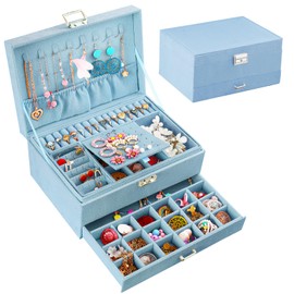 QBestry Jewelry Box Organizer for Girls Jewelry Boxes 8-12 Teen Jewelry Box for Necklaces and Bracelets Rings and Earrings Holder Jewelry Organizer with Lock and Drawer Jewelry Storage Box Velvet Blue