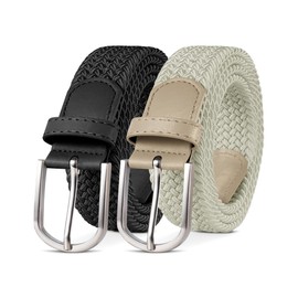 YOUCHAN Pack of 2 belts for men and women, elastic braided belt, 3.3 cm, stretch belt with adjustable, stretchy fabric belt, unisex, Black + Beige