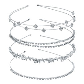 Wanmu 4Pcs Silver Rhinestone Headband, Bridal Wedding Headband, Crystal Flower Girl Leaves Crown Metal Hair Band Tiara, Wedding Tiara Hair Accessories for Women Girls Gifts
