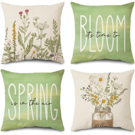 BAOKU Set of 4 Decorative Throw Pillow Covers,45 x 45 cm White green Pattern Cotton and Linen Pillowcase 18 x 18 inches Square Cushion Covers