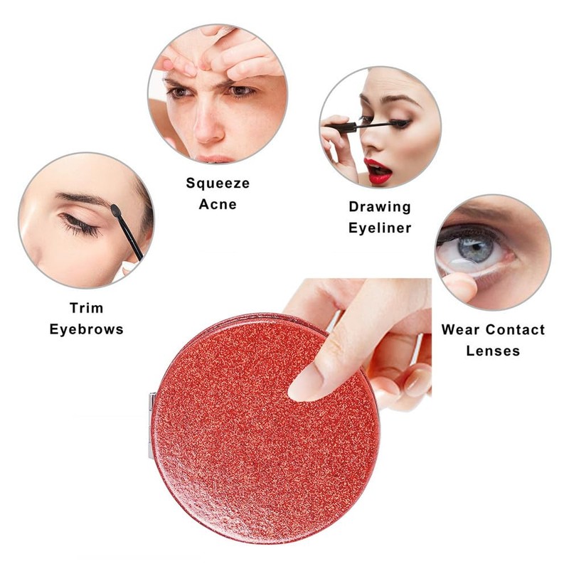 mpowtech Red Compact Mirror for Purse,Magnifying Travel Mirror with Glitter,Double-Sided