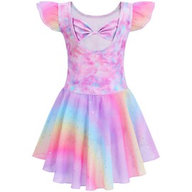 MdnMd Ruffle Short Sleeve Dance Dress Leotards Ballet Clothes for Ballerina Girls Bow Back (Rainbow-Fireworks, Age 6-8)
