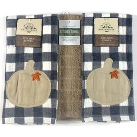 Serafina Home Farmhouse Country Kitchen Dish Towels Set: Black and White Check Harvest Pumpkin Design (Check Pumpkin)