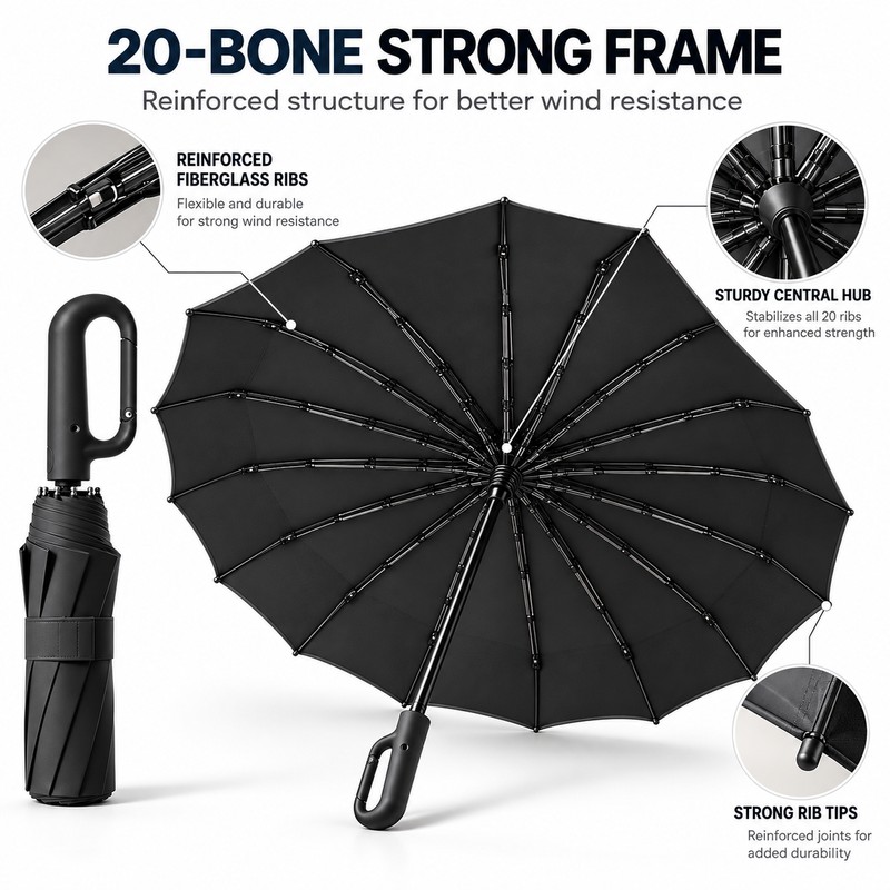Automatic Folding Umbrella for Rainy Commutes – 20-Rib Reinforced 105CM