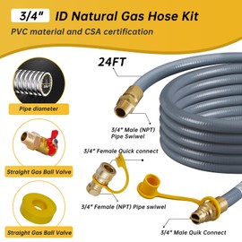 𝑵𝒆𝒘 24 FT 3/4" ID Natural Gas Hose with Quick Connect & Gas Ball Valve, 3/4" ID Gas Hose for NG/LP Propane Appliances, Generators, Grills & Patio Heaters, 3 Year Service