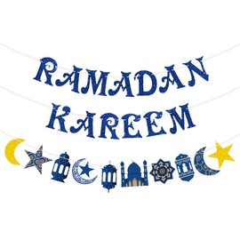 Ramadan Bunting Banner Ramadan Decorations for Home Eid Celebration Hanging Banner, Blue Glitter Muslim Islamic for Ramadan Kareem Party Supplies