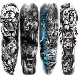 Lion Wolf Temporary Tattoo Sleeve, Large Full Arm Animal Tribal Fake Tattoos Sleeve For Men Women Adult, Long Lasting Black Arm Temp Tatoo Sticker Leg Body Art Makeup, 4-Sheet - Specification: Gladiator