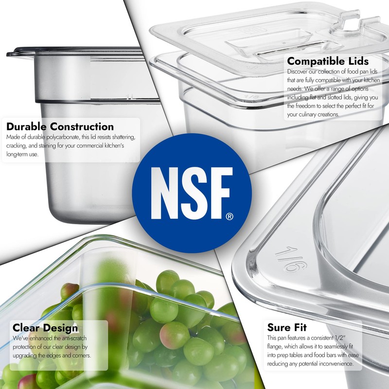 CURTA 6-Pack 1/6 Size 4" Deep NSF Polycarbonate Food Pans