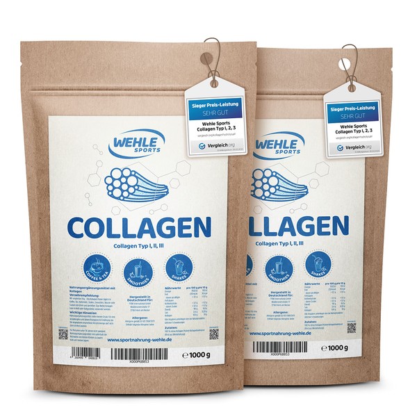 Collagen Powder 2 kg - Bioactive Collagen Hydrolysate Peptides I Protein Powder Tasteless I Wehle Sports Made in Germany Collagen Type 1, 2 & 3 Lift Drink 2 x 1000 g