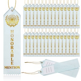100 Pcs Honorable Mention Award Ribbons Flat Carded Ribbons Fun Light Blue Ribbons with Event Card and Gold String for Honorable Mention School Team Kids Competition Office Sport Event Prize Ornaments