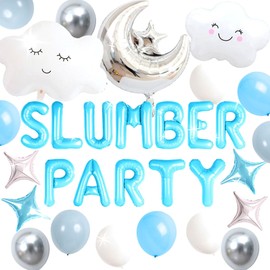 Slumber Party Decorations Blue Sleepover Party Supplies for Girls Moon Star Balloons Banner Pajamas Slumber Night Out Birthday Bachelorette Party Decorations