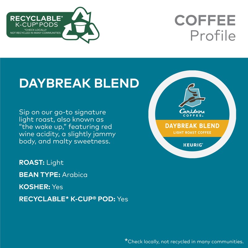 Caribou Coffee Daybreak Morning Blend, Single-Serve Keurig K-Cup Pod, Light
