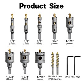 10 PCS (1/2" to 1-7/8") Carbide Hole Saw Kit for Metal - Heavy Duty TCT Hole Cutter Drill Bits Set with Titanium Pilot & L-Wrench, for Stainless Steel,Iron,Aluminum, Metal