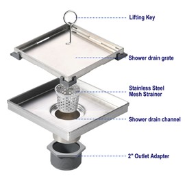 Square Shower Drain with Removable Tile Insert Grate, 8-Inch, Brushed 304 Stainless Steel, Includes Hair Strainer CUPC Certified,MUYEDRAIN