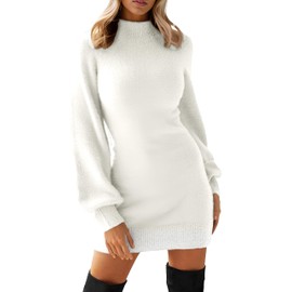 GRECERELLE Womens Jumper Dress Winter Mock Neck Long Sleeve Bodycon Knit Pullover Jumpers Ladies Mini Sweater Dresses (White, XXL)