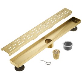 BAUNVB Linear Shower Drain, Brushed Gold Shower Drain 36 Inch with Removable Grate, SUS-304 Stainless Steel Rectangle Floor Drain with Leveling Feet and Hair Strainer, Bathroom Modern Drain SD-101