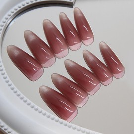 24Pcs High-class Sense of Solid Color Cat Eye Burgundy Long False Nails,Sparkle Shinny Acrylic False Nails with Bling Designs,Reusable Nails for Women Party Wear