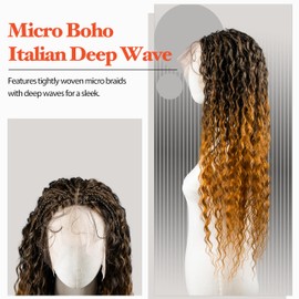 RAHELMO Micro Boho Italian Deep Wave Box Braided Wig - Knotless Braided Wigs for Black Women - Curly Hair Wig with Natural Baby Hair - Full Lace 360 Wig (#1 Jet Black, 32")