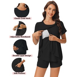 Ekouaer 3 PCS Maternity Nursing Pajamas Set Postpartum Breastfeeding Short Sleeve Shirts, Pregnancy Shorts & Pants Pjs Black XL