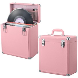 Hododou Vinyl Record Storage Case LP Album Collection Display Box Water Resistant Vinyl Record Organizer Storage Holds 45 Valuable Records 7/10/12 Inch Collapsible Storage Crate with Mesh Bag, Pink