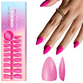 SXVME Soft Gel Nail Tips Short Almond 300Pcs Pre-applied Tip Primer Nail Tips, Natural Hot Pink Colored Gel Tips Acrylic Fake Nails Extensions False Nails Press ons for Easy DIY