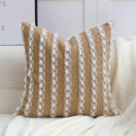 Cythasily 18x18 Boho Pillow Cover - Chenille Tufted Decorative Throw Pillow Cover Soft Velvet Backing, Farmhouse Striped Square Accent Pillow Case for Sofa, Couch, Bedroom, Living Room, Brown, White