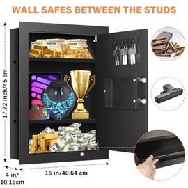 25.6" Tall Fireproof Wall Safes Between the Studs 16" Centers, Heavy Duty Combination Lock in Wall Safe with 2 Removable Shelf, Hidden Safe for Money, Jewelry, Document, Passport