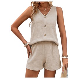GORGLITTER Women's 2 Piece Vacation Outfits V Neck Button Decor Sleeveless Shirt and Shorts Set Tracksuits Apricot X-Large