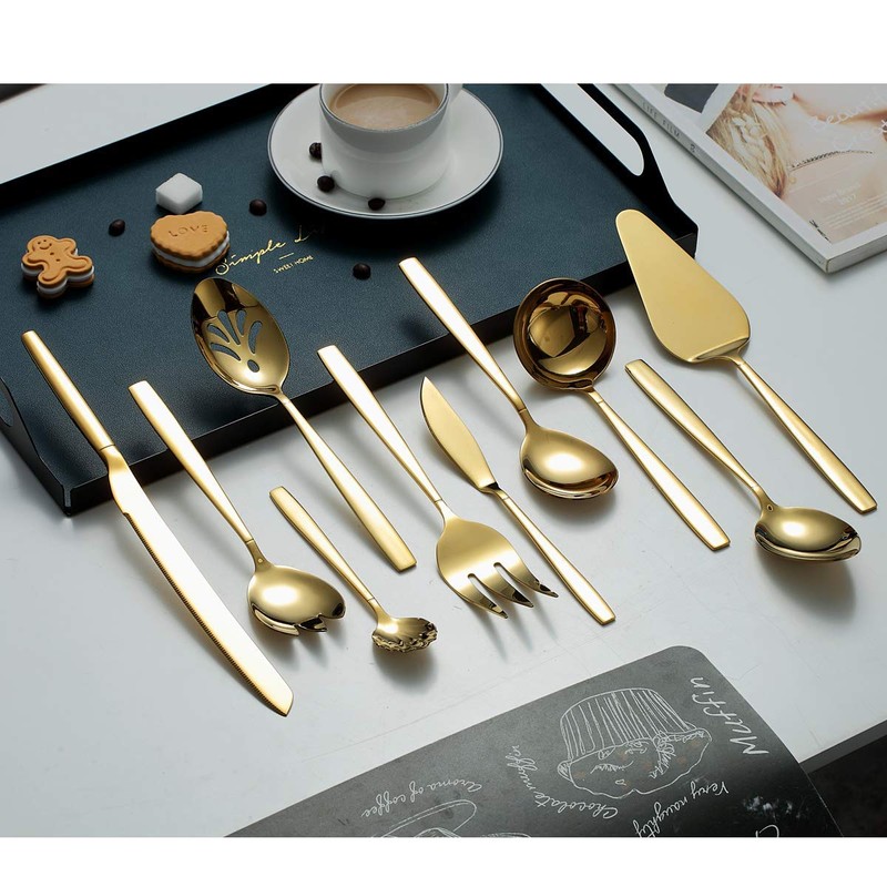 Berglander Gold Serving Utensils 10 Pieces, Titanium Golden Plating Serving