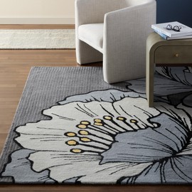 Nicole Miller New York Flora Grandeur Bloom Handcrafted Area Rug, Natural Wool Rug, Bold Floral Rug, Grey, 5'x7’