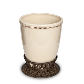 Small Cream Ceramic Wastebasket with Acanthus Leaf Metal Base