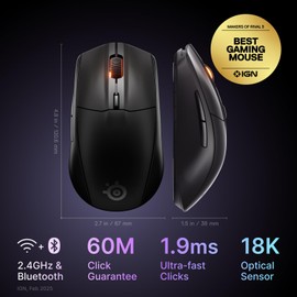 SteelSeries Rival 3 Wireless Gen 2 Gaming Mouse - 2.4GHz and Bluetooth - 18000 DPI TrueMove Air Optical Sensor - 60 Million Click Durability - Light-Weight - 100% PTFE Feet - Black