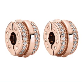 MGIUL Rose Gold Heart Pavé Clip Stopper Charms 2 Pieces Pendant for Bracelets Necklaces 925 Sterling Silver Pendant Beads Jewellery Gift for Women