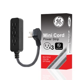 GE Designer 3-Outlet Power Strip, 1 Ft Braided Extension Cord, 3 Grounded Outlets, Flat Plug, Mini Cord, Premium, Black, 45191