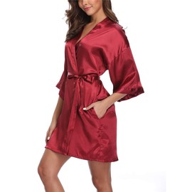 Women's Satin Kimono Robes Bridesmaid Wedding Robes Silky Bathrobes Loungewear, Wine