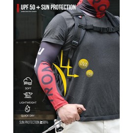 RIDEIRON Arm Sleeves Herren Damen UV-Schutz Ärmel UPF 50, Rutschfest Kühlung Armlinge Feuchtigkeitsableitende zum Bedecken für Motorradfahren, Wandern, Radfahren, Laufen oder Angeln,Schwarz-Rot,L