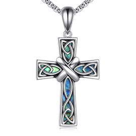 SHEAISRS Celtic Cross Necklace for Women Men 925 Sterling Silver Abalone Shell Cross Pendant Necklace Jewelry for Mens Women