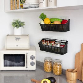 GRANNY SAYS Wicker Hanging Basket, 2 Pack Wall Basket for Kitchen, Fruit and Vegetable Storage Cabinet, Pantry Storage Spice Organization for Cabinet, Adhesive Shelf for Bathroom, Black
